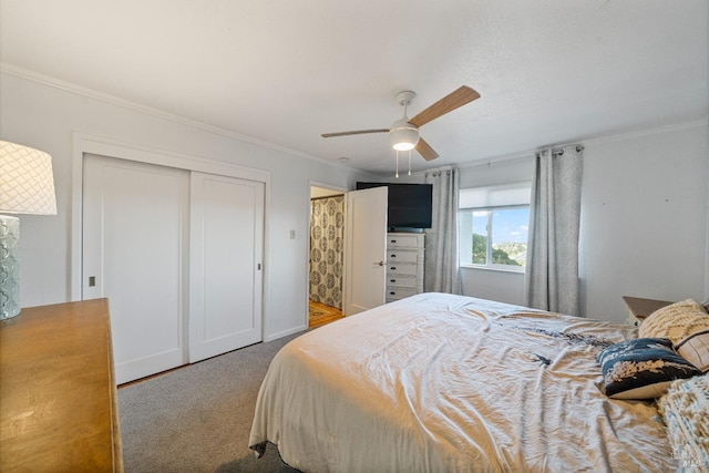 bedroom with ceiling fan, a closet, crown molding, and carpet floors