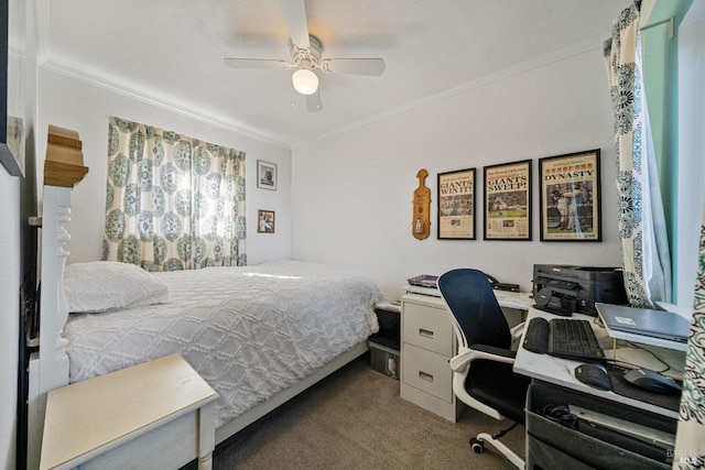 bedroom with crown molding, ceiling fan, and carpet floors