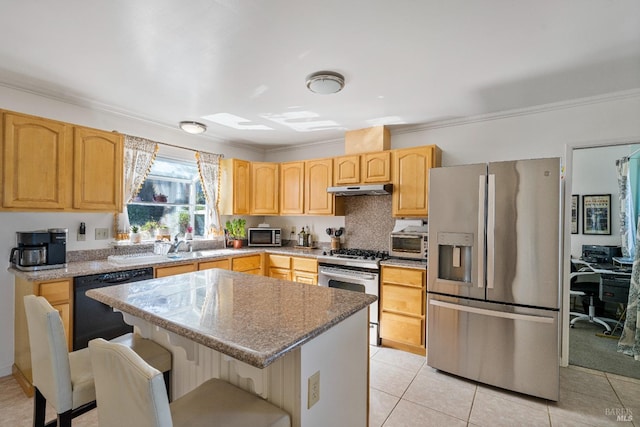 kitchen featuring light stone counters, a kitchen island, appliances with stainless steel finishes, a kitchen bar, and light tile patterned floors