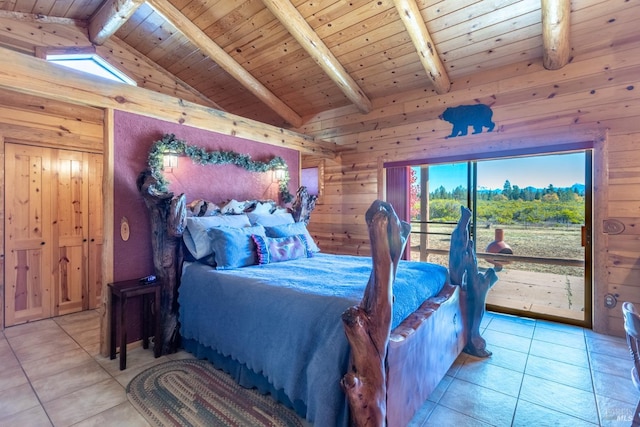 tiled bedroom with lofted ceiling with beams, wooden ceiling, and wooden walls