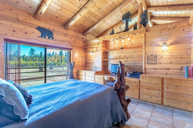 bedroom featuring lofted ceiling with beams, wood ceiling, light tile patterned floors, and wood walls