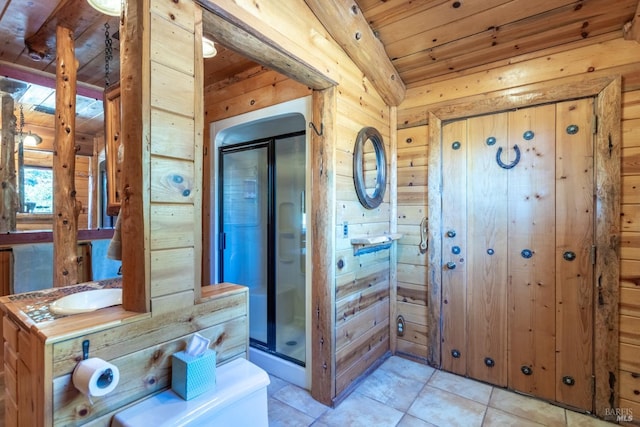 bathroom featuring wood ceiling, toilet, tile patterned flooring, wooden walls, and walk in shower