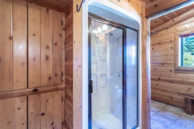 bathroom with wood walls, walk in shower, wooden ceiling, and vaulted ceiling