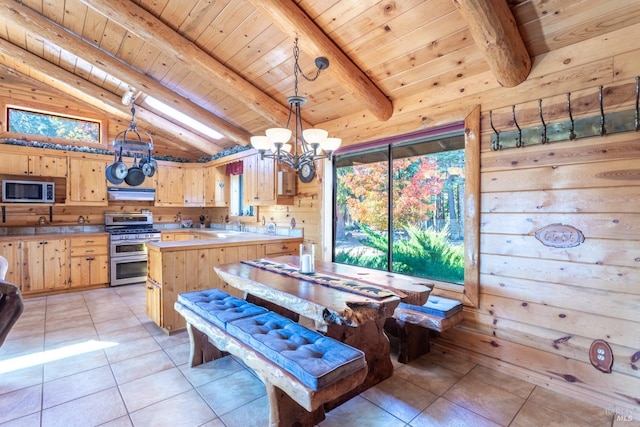 dining space featuring wood walls, beamed ceiling, and wooden ceiling