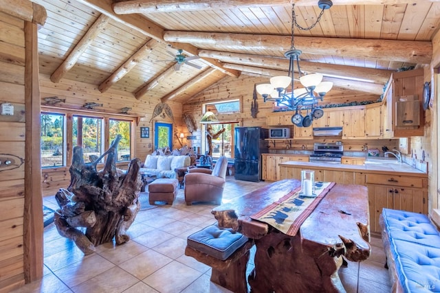 interior space with sink, lofted ceiling with beams, wooden ceiling, and wood walls