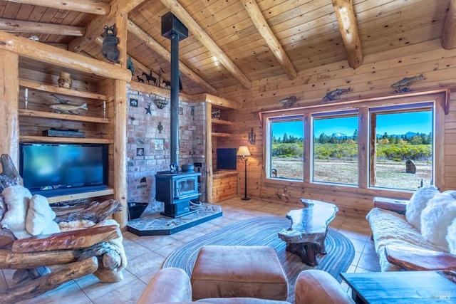 living room featuring a wood stove, wood walls, beam ceiling, and wooden ceiling