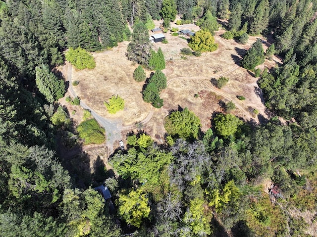 drone / aerial view featuring a forest view