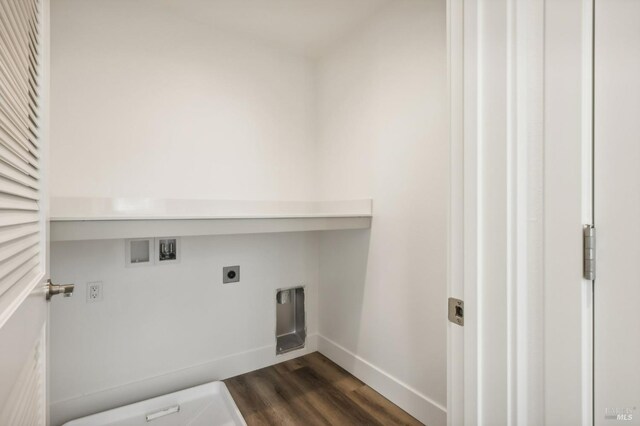 laundry area featuring washer hookup, dark wood finished floors, electric dryer hookup, laundry area, and baseboards