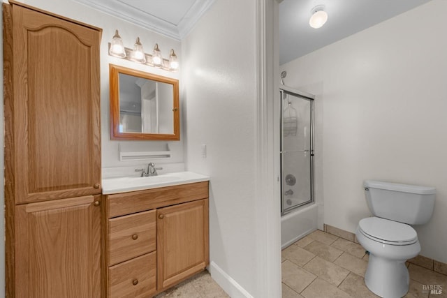 full bathroom with enclosed tub / shower combo, vanity, toilet, and crown molding