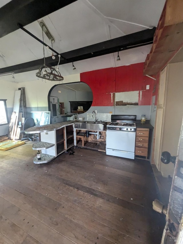 kitchen with white range with gas stovetop, sink, and dark hardwood / wood-style flooring