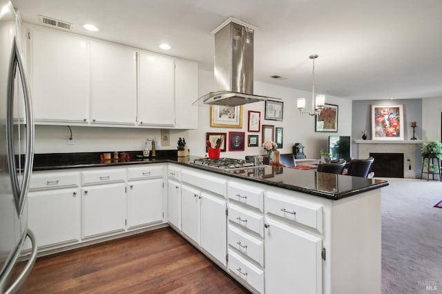 1240 Peppertree Cir, Saint Helena, CA 94574 - kitchen with stainless steel appliances, island exhaust hood, a peninsula, open floor plan, and white cabinetry