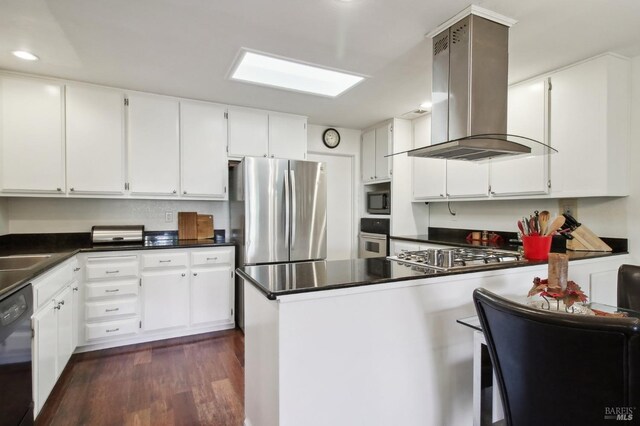 1240 Peppertree Cir, Saint Helena, CA 94574 - kitchen with appliances with stainless steel finishes, island range hood, dark countertops, dark wood-style flooring, and white cabinetry