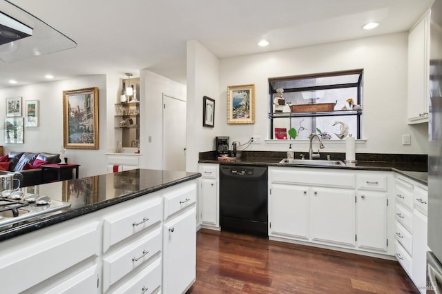 1240 Peppertree Cir, Saint Helena, CA 94574 - kitchen featuring black dishwasher, a sink, white cabinets, dark wood finished floors, and recessed lighting