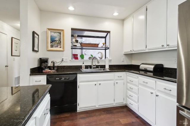1240 Peppertree Cir, Saint Helena, CA 94574 - kitchen with a sink, dishwasher, freestanding refrigerator, dark wood-style flooring, and white cabinetry