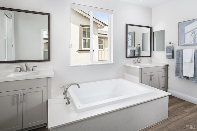 bathroom with vanity, a bath, and hardwood / wood-style floors