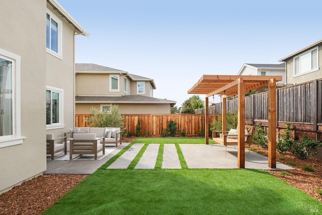 view of yard featuring outdoor lounge area, a patio, and a pergola