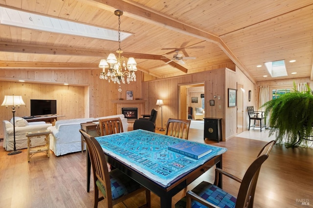 dining area with wooden ceiling, recessed lighting, wood finished floors, a lit fireplace, and beam ceiling