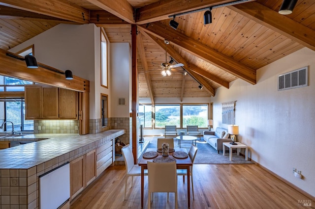 dining area featuring beamed ceiling, light hardwood / wood-style floors, and wood ceiling