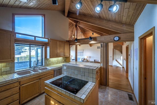 unfurnished dining area with ceiling fan, dark hardwood / wood-style flooring, beamed ceiling, and wood ceiling