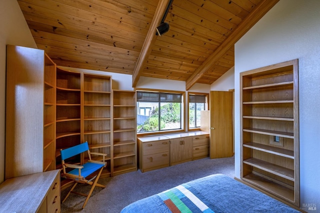 bedroom with light carpet, high vaulted ceiling, and wood ceiling