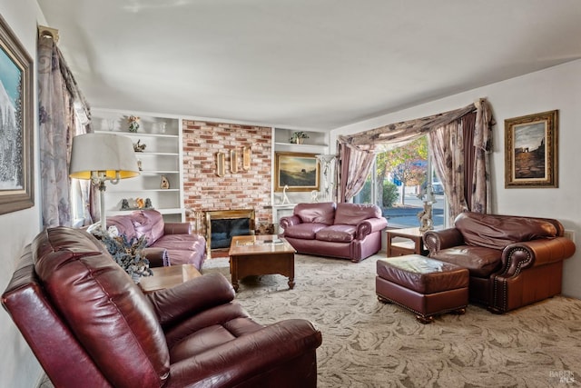 carpeted living room with built in shelves and a fireplace