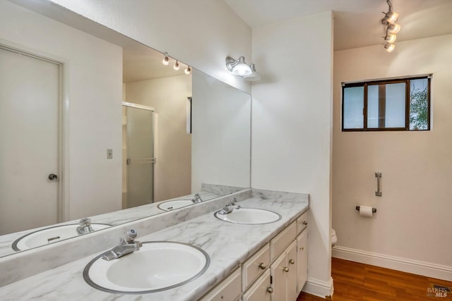 bathroom featuring vanity, toilet, wood-type flooring, and walk in shower