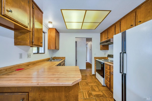 kitchen with dark parquet floors, sink, white appliances, and kitchen peninsula