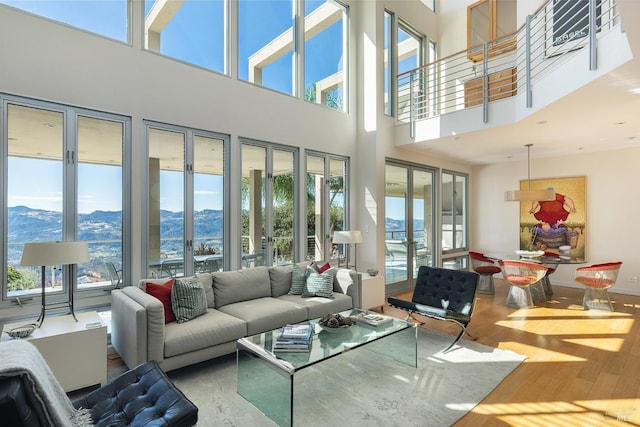 interior space featuring a mountain view, hardwood / wood-style flooring, a wealth of natural light, and french doors