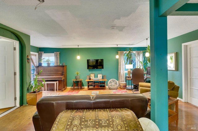 living room featuring hardwood / wood-style floors and a textured ceiling