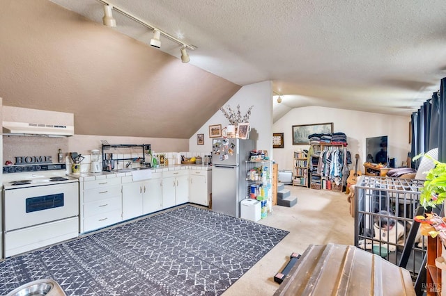 kitchen featuring carpet, stainless steel fridge, a textured ceiling, white electric stove, and white cabinets