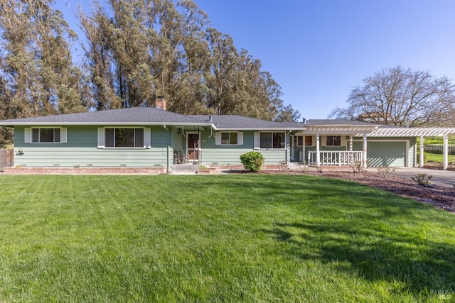 840 W Railroad Ave, Cotati, CA 94931 - single story home featuring a chimney, a garage, driveway, a front yard, and a pergola