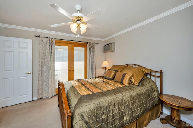 carpeted bedroom with access to outside, french doors, ornamental molding, a wall mounted air conditioner, and ceiling fan