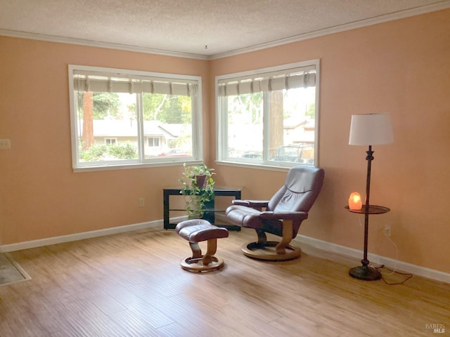 sitting room with light wood-type flooring, ornamental molding, and a textured ceiling