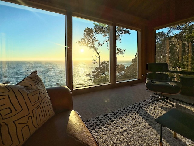 sunroom with a wealth of natural light and a water view