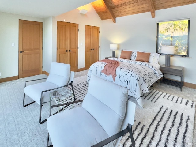 33755 Yardarm Dr Unit 15-1, The Sea Ranch, CA 95497 - carpeted bedroom featuring two closets, baseboards, and wood ceiling