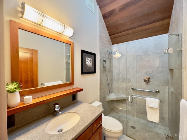 bathroom featuring an enclosed shower, vanity, toilet, and wood ceiling