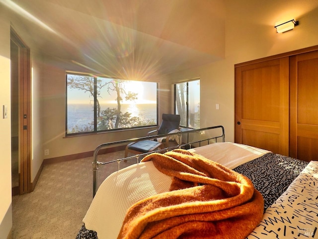 bedroom featuring light colored carpet