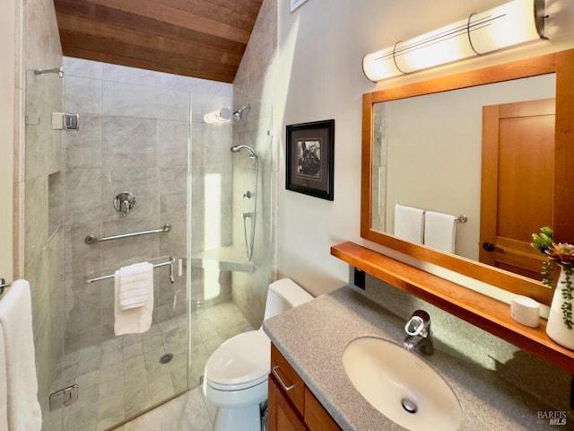 bathroom with tile patterned floors, toilet, wood ceiling, vanity, and a shower with shower door