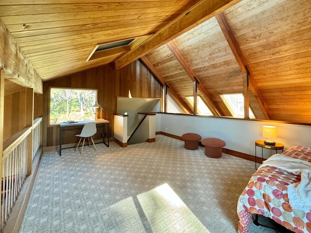 additional living space featuring wood walls, wood ceiling, light colored carpet, and vaulted ceiling with beams