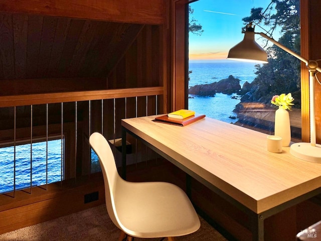 interior space featuring wooden walls, a water view, and lofted ceiling