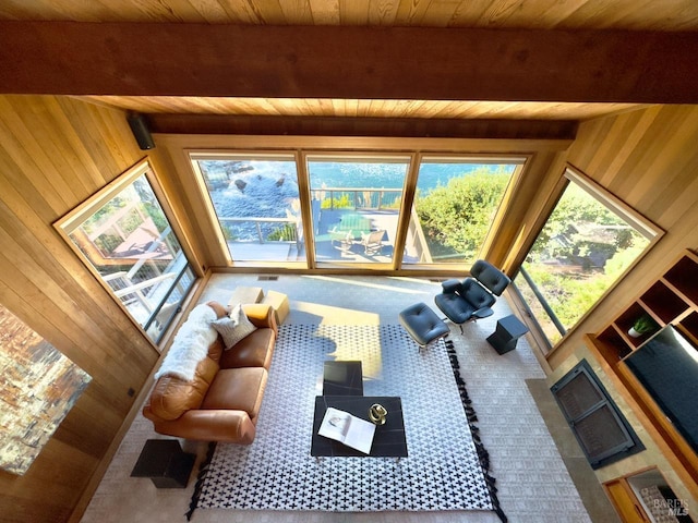 living room featuring wooden ceiling and beamed ceiling