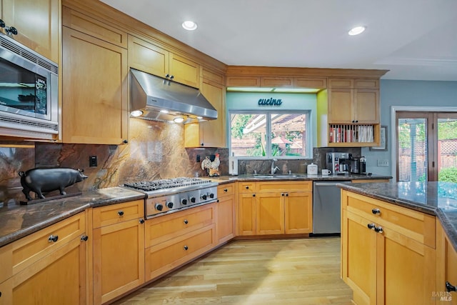 kitchen featuring sink, stainless steel appliances, tasteful backsplash, dark stone countertops, and light hardwood / wood-style floors