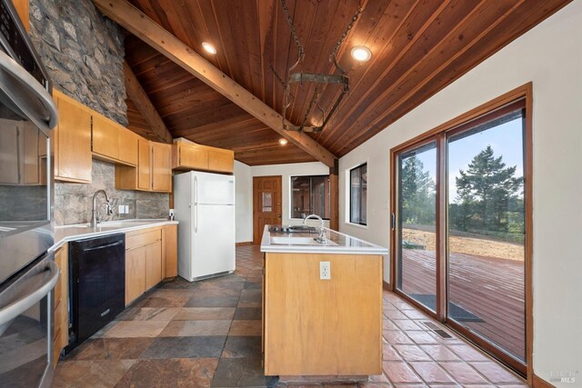 kitchen with a kitchen island with sink, decorative backsplash, white refrigerator, and wooden ceiling