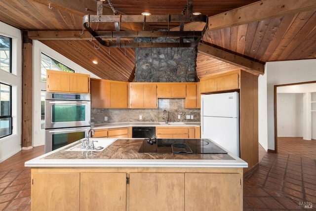 kitchen featuring black appliances, beamed ceiling, tasteful backsplash, sink, and wooden ceiling