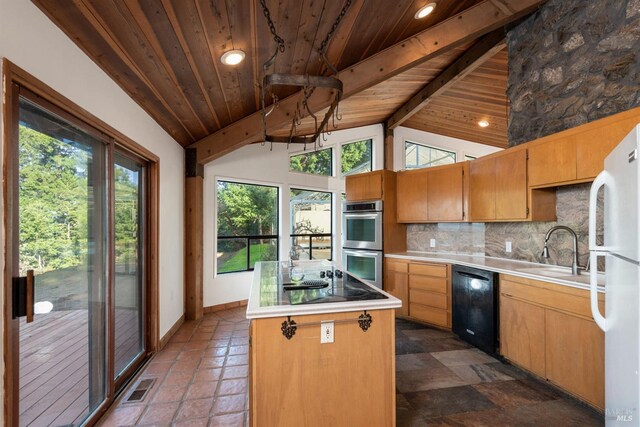 kitchen featuring a kitchen island, black dishwasher, double oven, tasteful backsplash, and sink