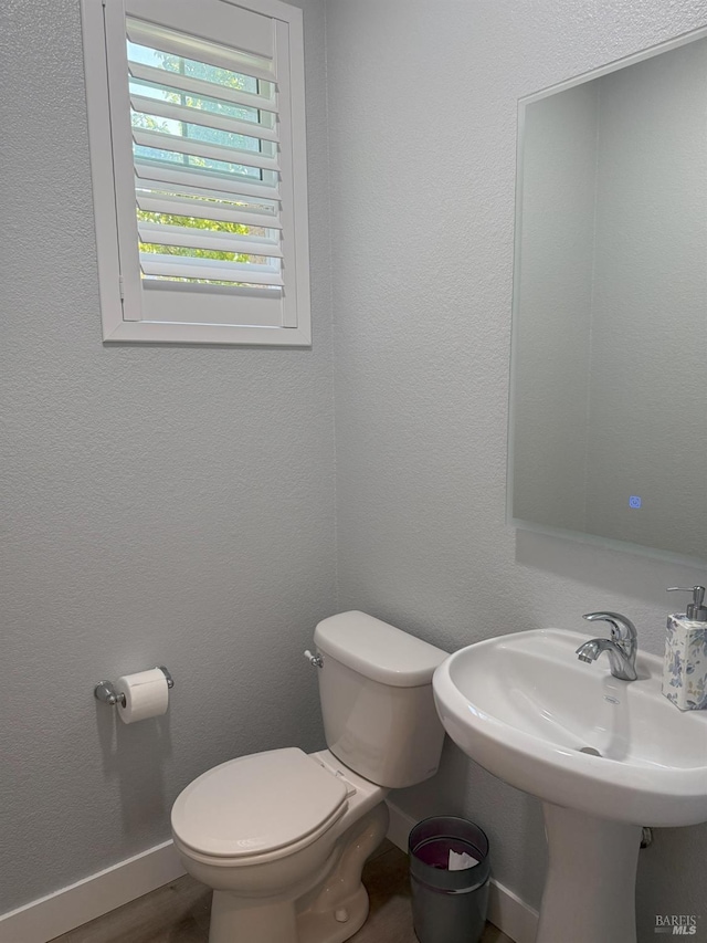 bathroom with hardwood / wood-style floors, toilet, and sink