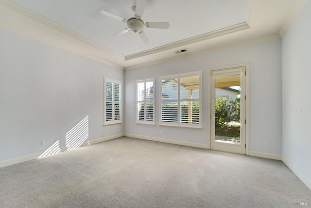 spare room featuring a tray ceiling, carpet flooring, and visible vents