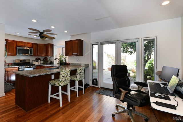 kitchen with a peninsula, appliances with stainless steel finishes, plenty of natural light, and a sink