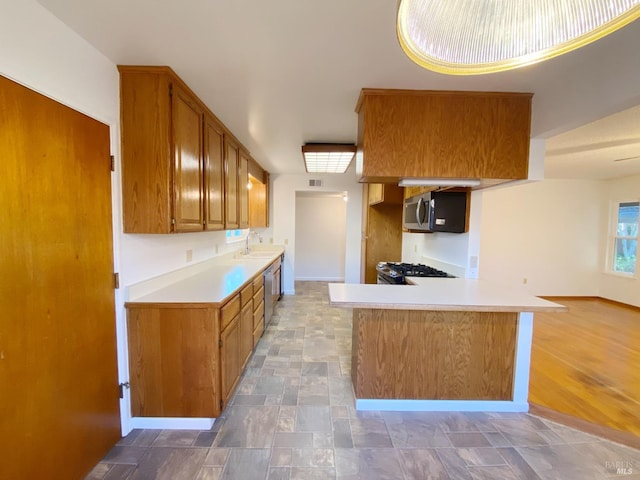 kitchen with sink, stainless steel appliances, and kitchen peninsula