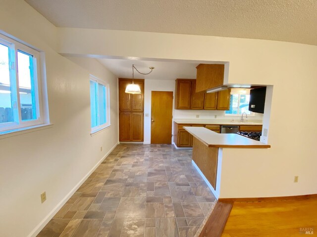 kitchen with sink, decorative light fixtures, a textured ceiling, stainless steel dishwasher, and kitchen peninsula